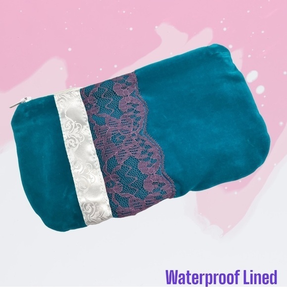 Hand Crafted Handbags - Waterproof Make Up Bag- Green Velvet Purple Lace